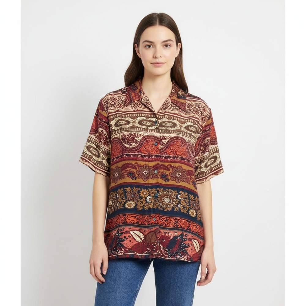 Vtg Compagnie Internationale Express Silk Autumn Boho Print Blouse Small‎ Brown - Picture 2 of 9